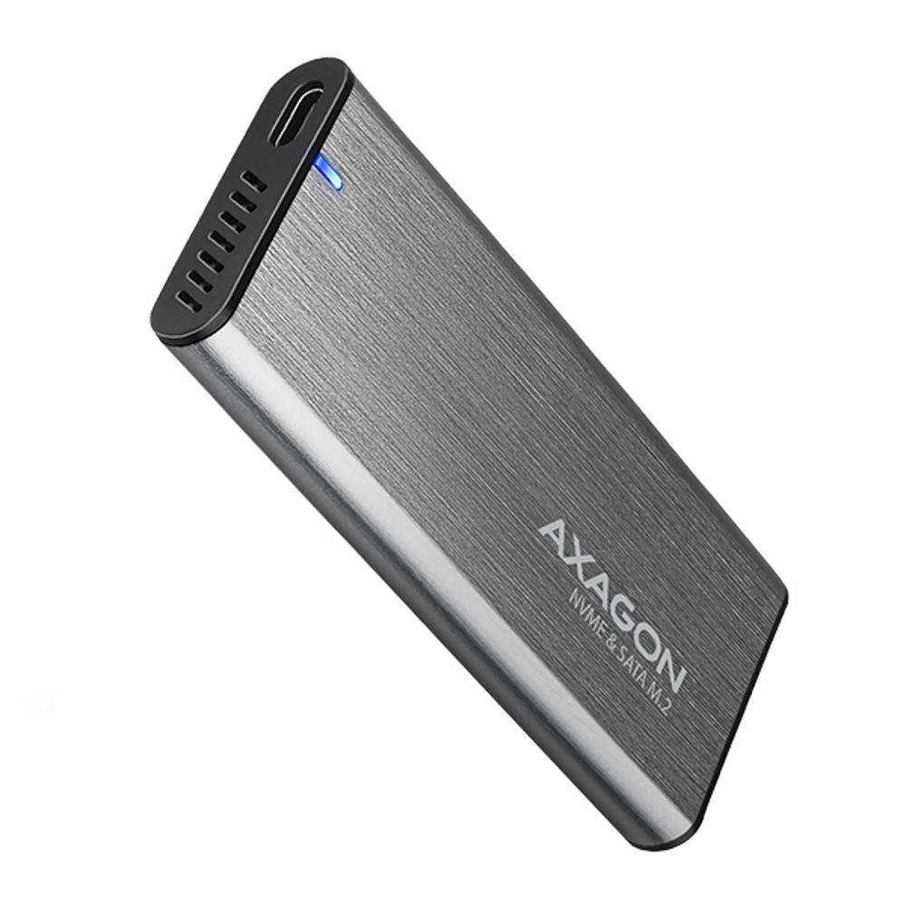 Axagon AXAGON EEM2-SG2, USB-C 3.2 Gen 2 - M.2 NVMe a SATA SSD kovový RAW box, bez skrutiek, strieborný