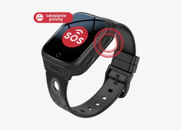 Hodinky GUARDKID+ 4G Platinum black majú SOS tlačidlo pre okamžité privolanie pomoci.