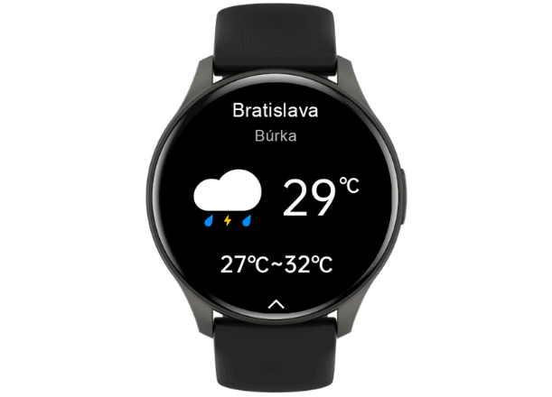 Hodinky Carneo Gear+ Essential 2nd gen. zobrazujú aktuálne počasie aj predpoveď na najbližšie dva dni.