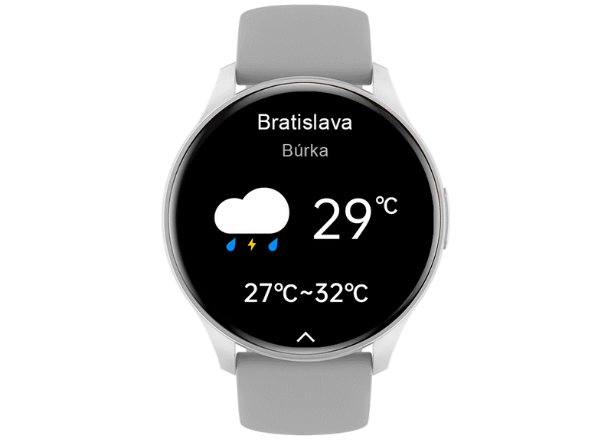Hodinky Carneo Gear+ Essential 2nd gen. zobrazujú aktuálne počasie aj predpoveď na najbližšie dva dni.