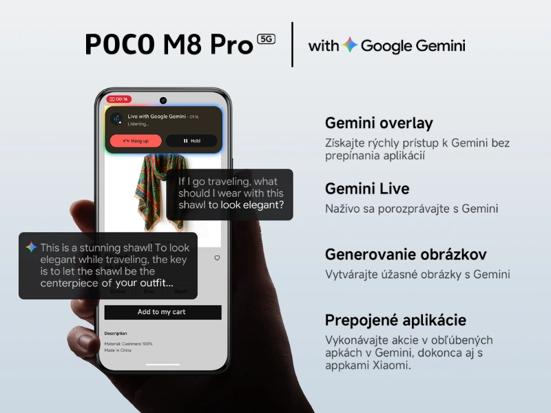 Google Gemini v smartfóne POCO M8 Pro 5G vám ochotne podá pomocnú ruku pri písaní, brainstormingu, učení alebo iných kreatívnych činnostiach.