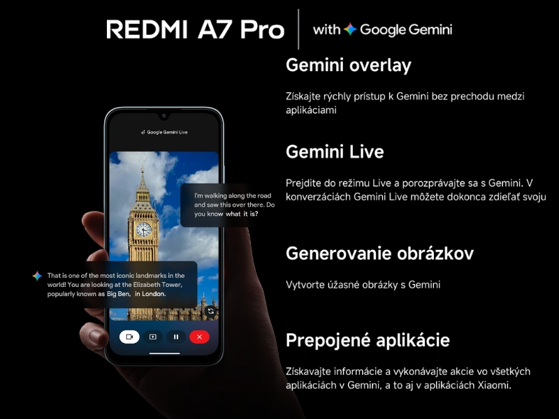 AI asistent Google Gemini ukrytý vo vašom novom smartfóne Xiaomi REDMI A7 Pro vám ochotne podá pomocnú ruku pri učení, písaní, brainstormingu a ďalších kreatívnych činnostiach.