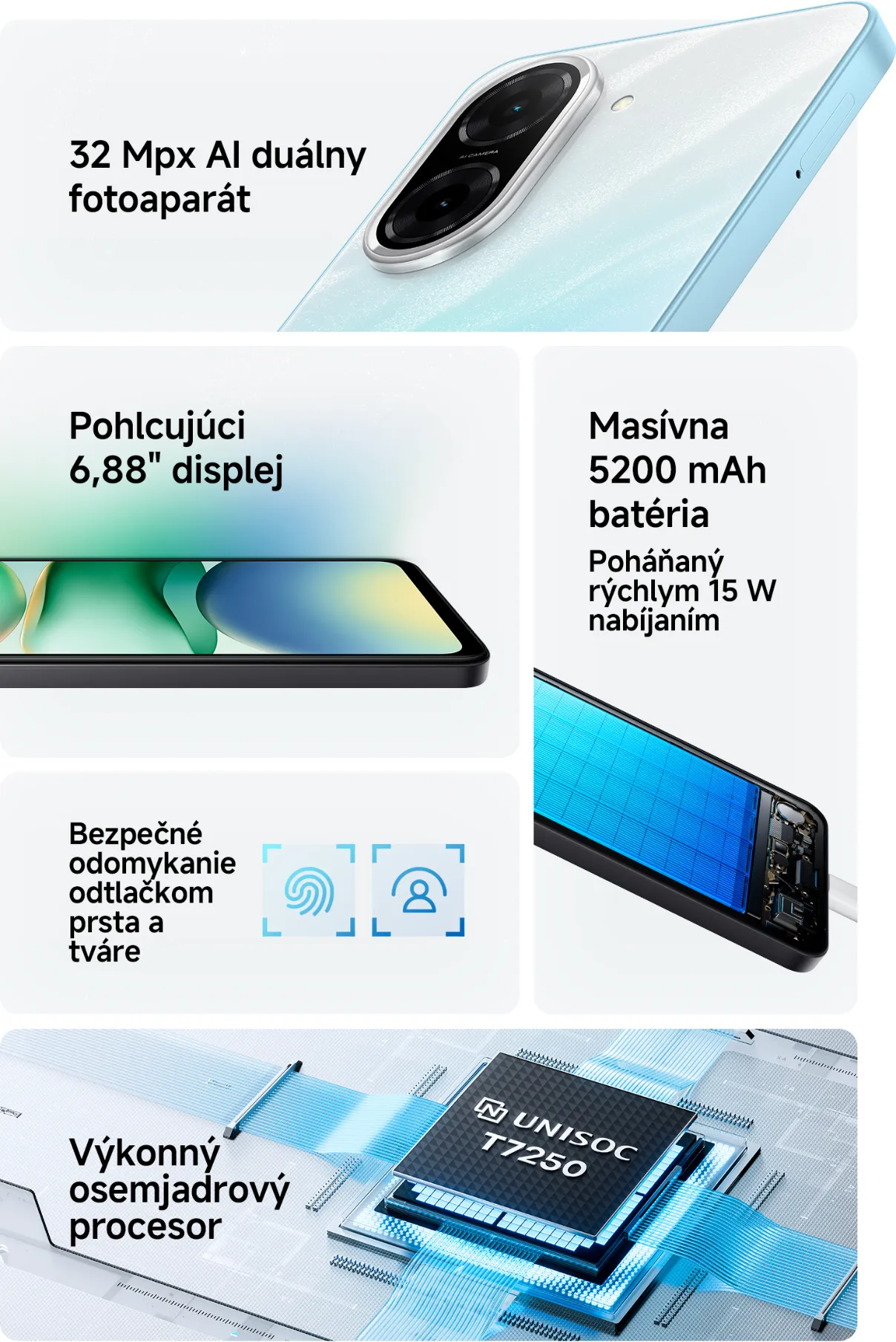 Kľúčové vlastnosti telefónu Redmi A5 Sandy Gold.