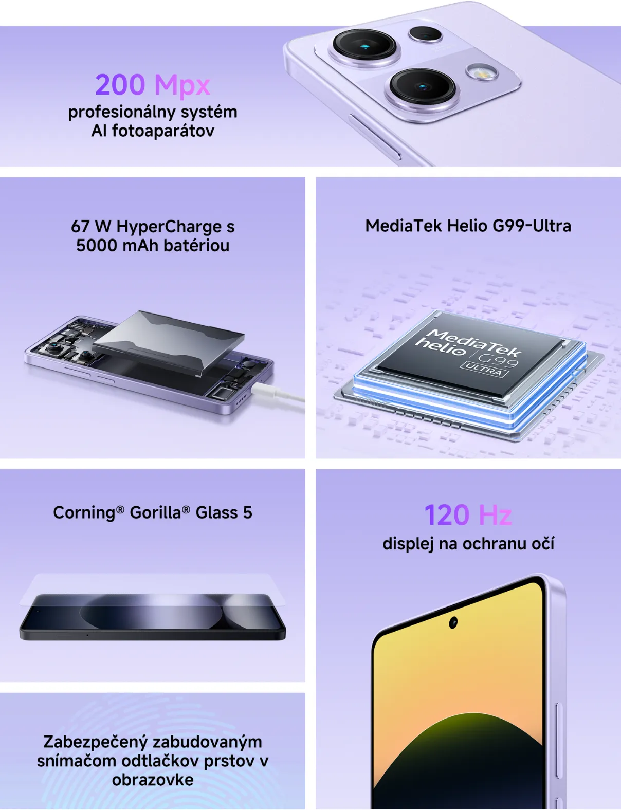 Kľúčové vlastnosti telefónu Redmi Note 14S Aurora Purple.