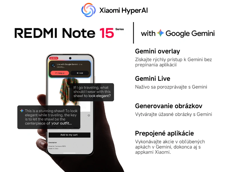Google Gemini v smartf&oacute;ne Redmi Note 15 Pro 5G v&aacute;m ochotne pod&aacute; pomocn&uacute; ruku pri p&iacute;san&iacute;, brainstormingu, učen&iacute; alebo in&yacute;ch kreat&iacute;vnych činnostiach.