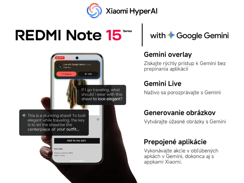 Google Gemini v smartf&oacute;ne Redmi Note 15 Pro+ 5G v&aacute;m ochotne pod&aacute; pomocn&uacute; ruku pri p&iacute;san&iacute;, brainstormingu, učen&iacute; alebo in&yacute;ch kreat&iacute;vnych činnostiach.
