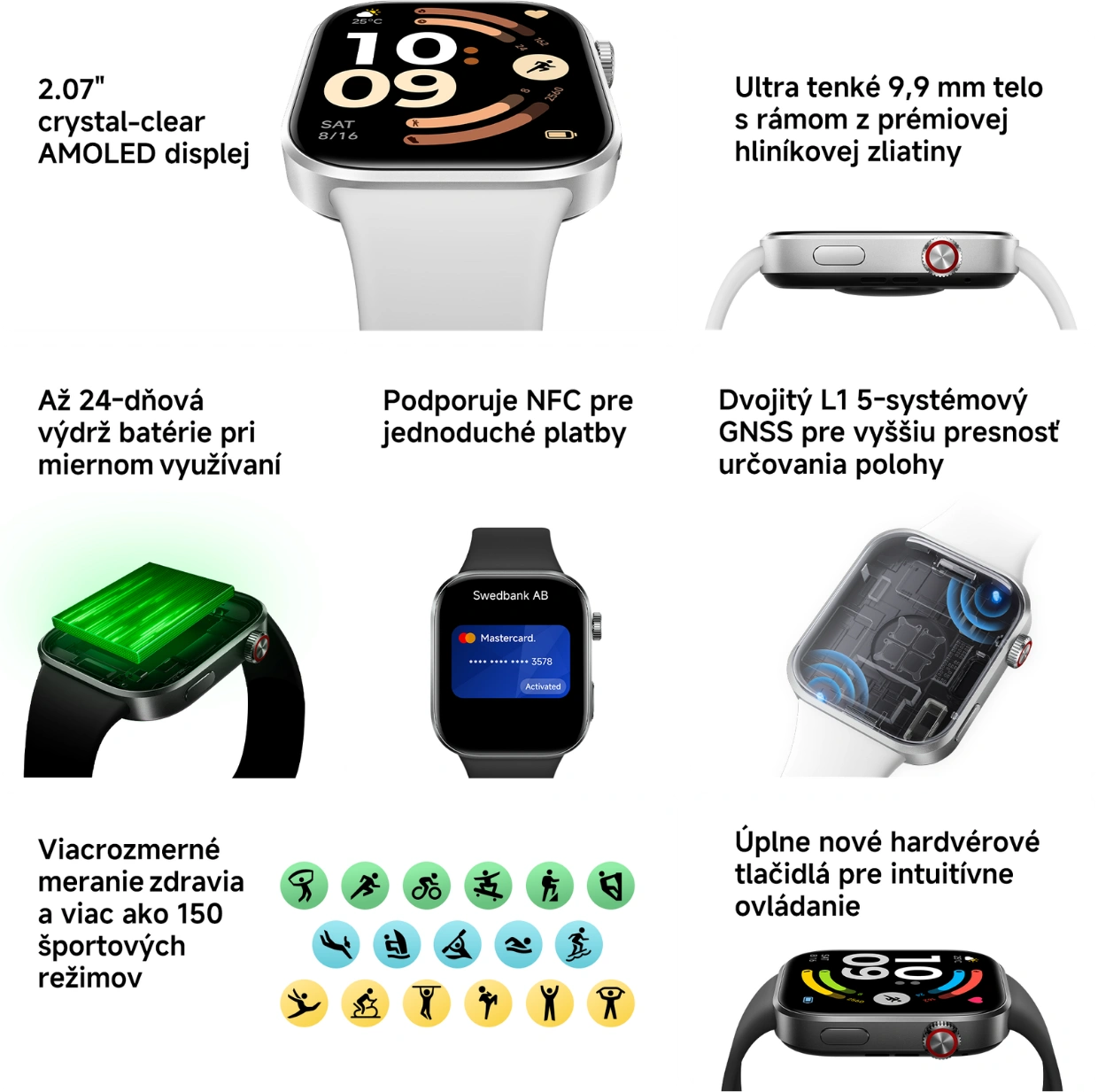 Kľ&uacute;čov&eacute; vlastnosti hodiniek Redmi Watch 6 NFC.