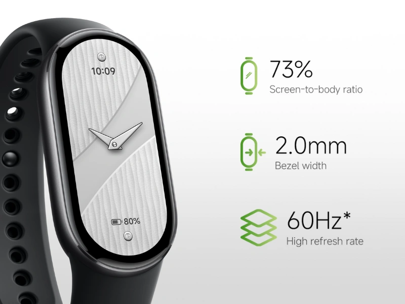 Nechajte sa očariť vynikajúcou čistotou a dokonale plynulým obrazom 1,74 palcového AMOLED displeja náramku Xiaomi Smart Band 10.