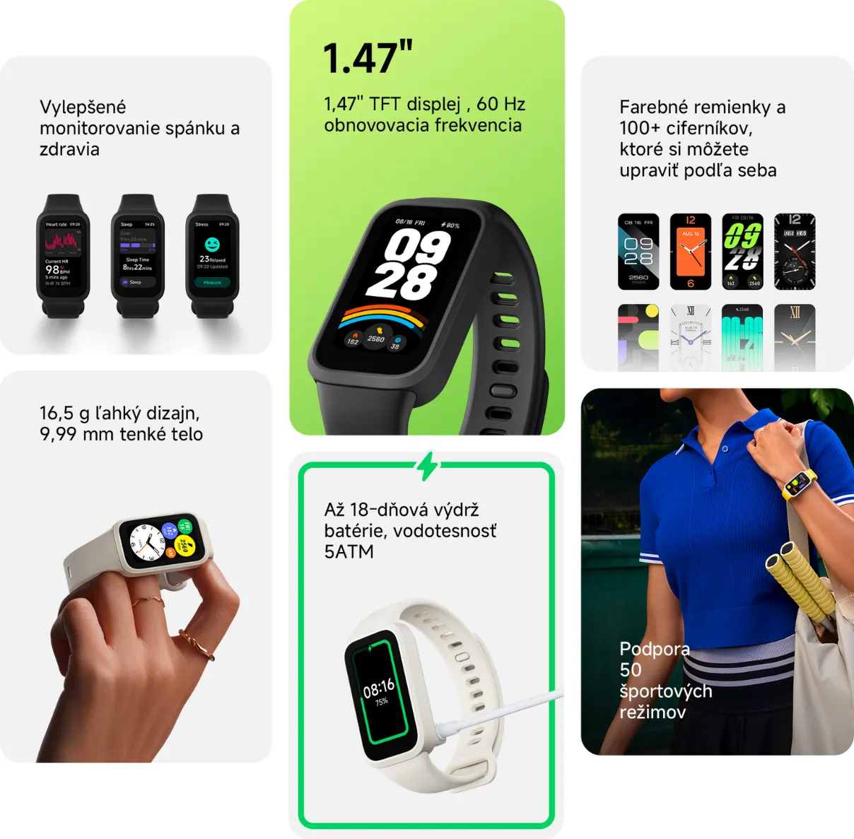 Kľ&uacute;čov&eacute; vlastnosti n&aacute;ramku Xiaomi Smart Band 9 Active.