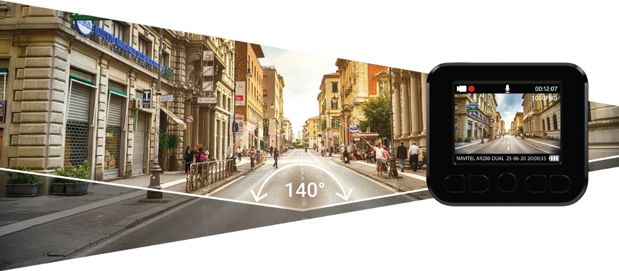 Autokamera NAVITEL AR280 DUAL disponuje širokým uhlom záberu.