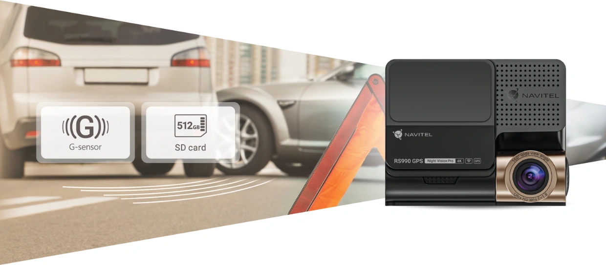 Autokamera NAVITEL R990 disponuje G-Senzorom.