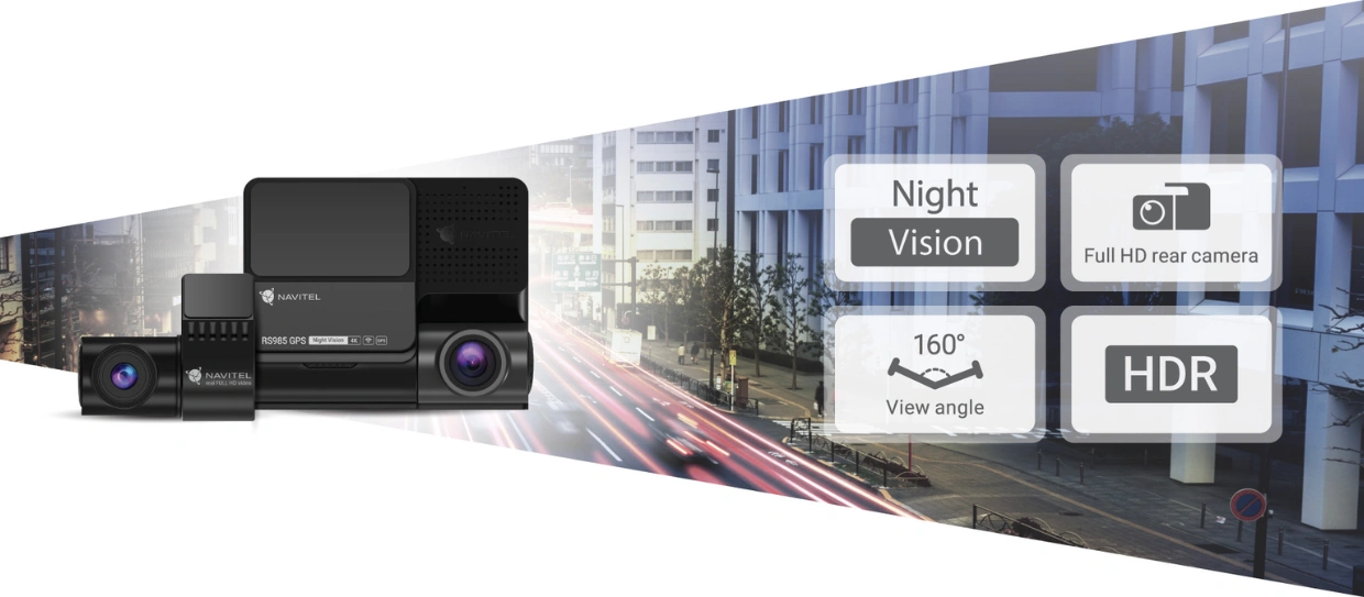 Vďaka 2 kamerám DVR systému NAVITEL RS985 GPS získate prehľad o diani pred a za vozdilom súčasne.