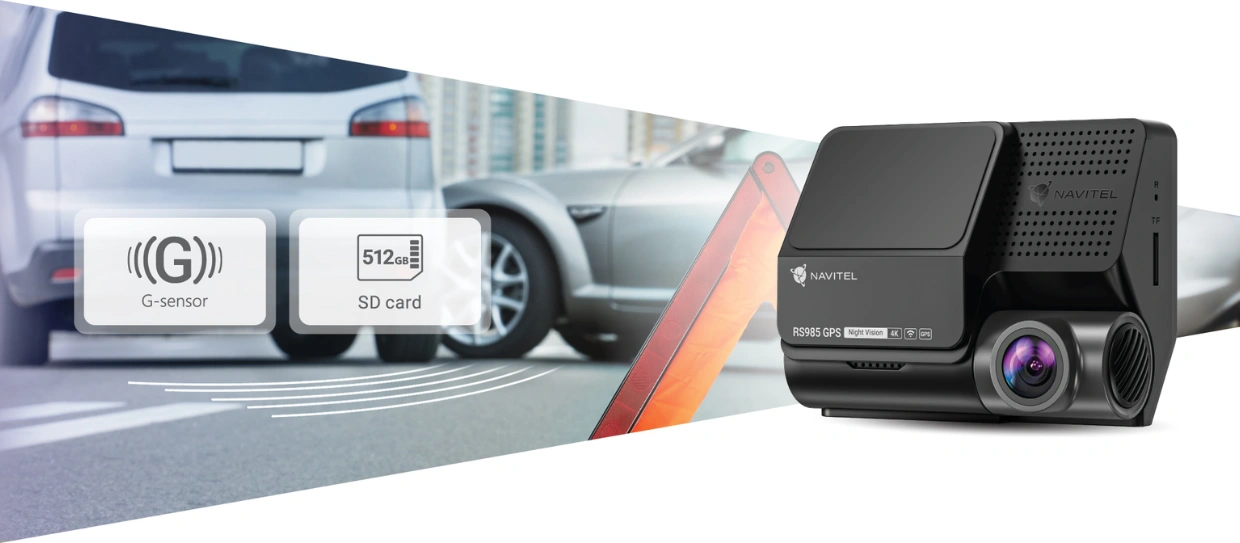 Autokamera NAVITEL RS985 disponuje G-Senzorom.
