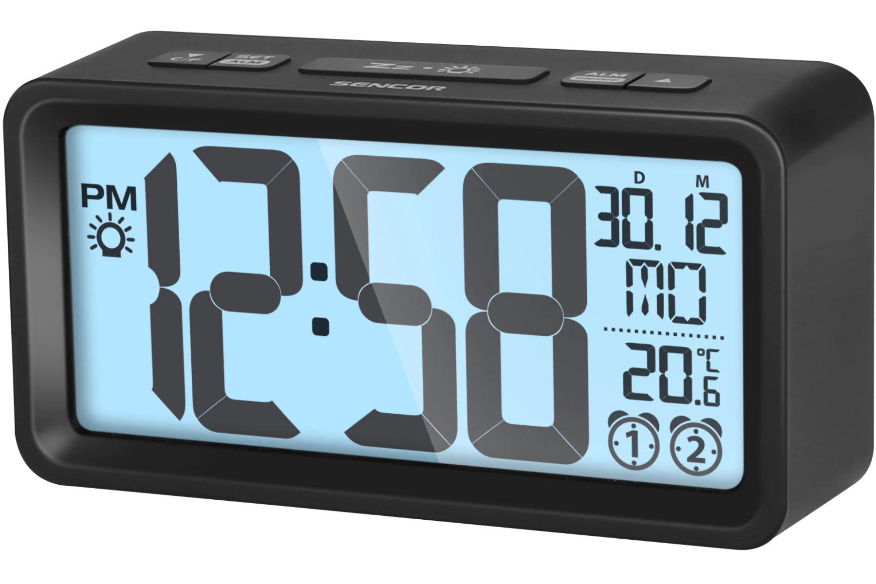 Digitálne hodiny s budíkom a teplomerom Sencor SDC 2800 B funkcie