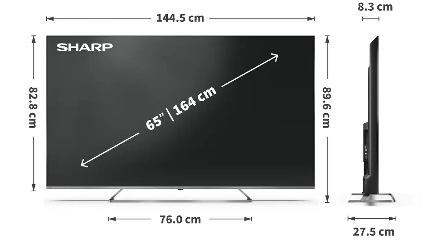 Nákres s rozměry televizoru QLED MiniLED Google TV Sharp 65JP7265E