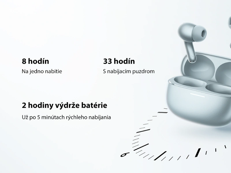 Sl&uacute;chadl&aacute; Xiaomi REDMI Buds 8 Pro zvl&aacute;dnu na 1 nabitie až 8 hod&iacute;n prev&aacute;dzky.