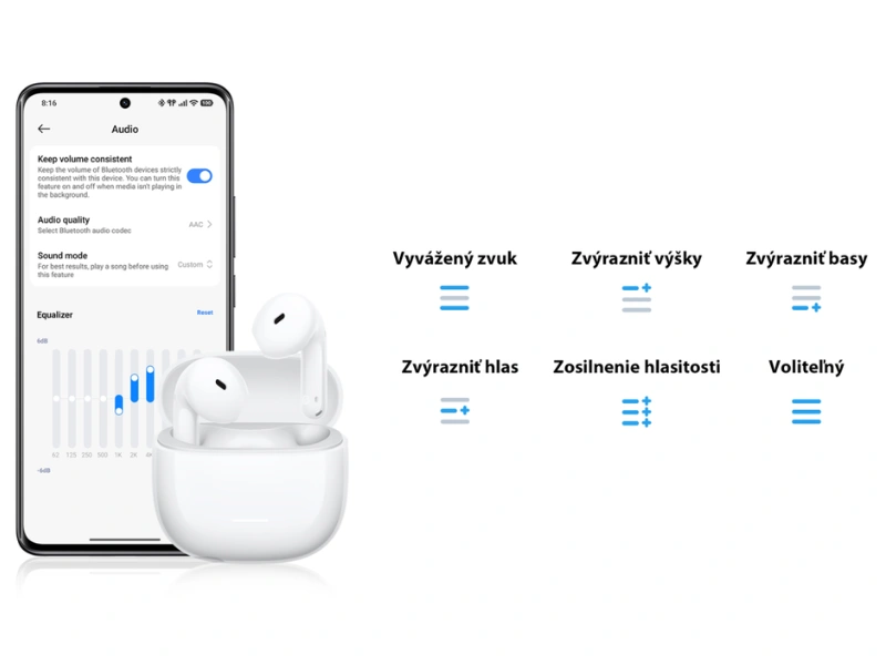Zvuk v slúchadlách Xiaomi Redmi Buds 8 Active si prispôsobíte vďaka 5 režimom ekvalizéra.