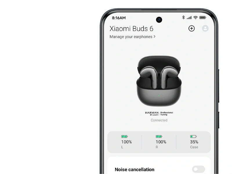 Sl&uacute;chadl&aacute; Xiaomi Buds 6 Graphite Black sp&aacute;rujete so svoj&iacute;m zariaden&iacute;m otvoren&iacute;m puzdra.