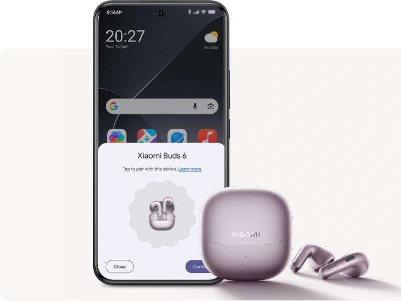 Slúchadlá Xiaomi Buds 6 Nebula Purple spárujete so svojím zariadením otvorením puzdra.