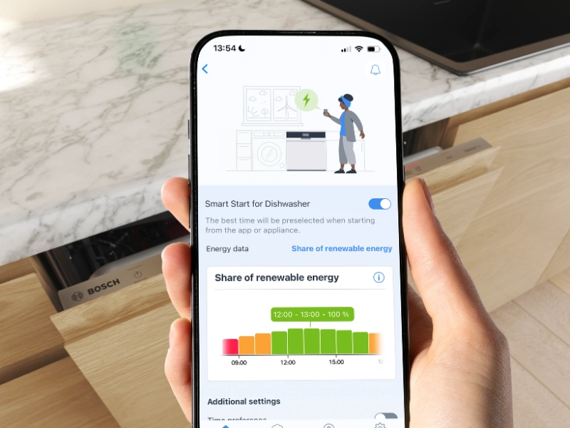 Vďaka funkcii Smart Start sa umv&yacute;ačka Bosch SPI6EMS21E zapne vtedy, keď je pr&uacute;d najlacnej&scaron;&iacute;.
