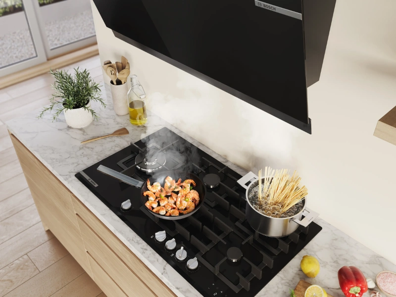 Pomocou technológie Smart Hood Automatic prepojíte varnú dosku Bosch PRP6A6H40 s digestorom.
