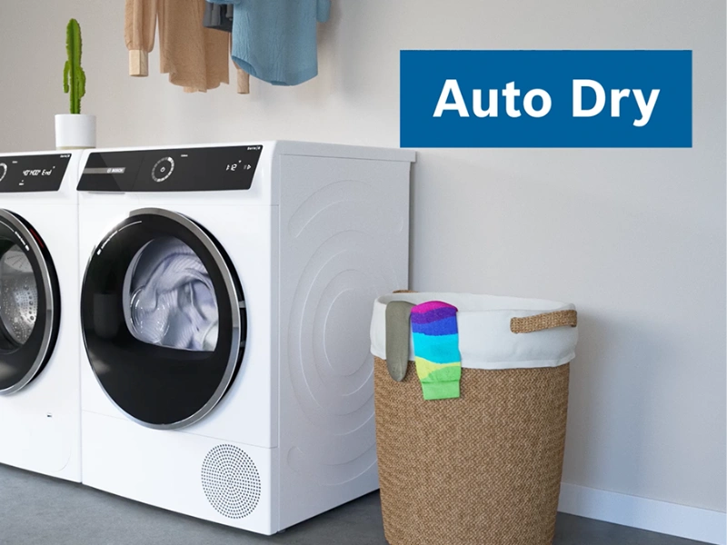 Sušička Bosch WQH245B4BY vďaka systému Auto Dry šetrne vysuší bielizeň na zvolenú úroveň – extra suchá do skrine alebo mierne vlhká na žehlenie.