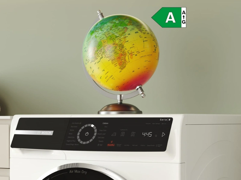 Sušička Bosch WRB247CNBY v triede A spotrebuje vďaka tepelnému čerpadlu o 78 % menej energie.