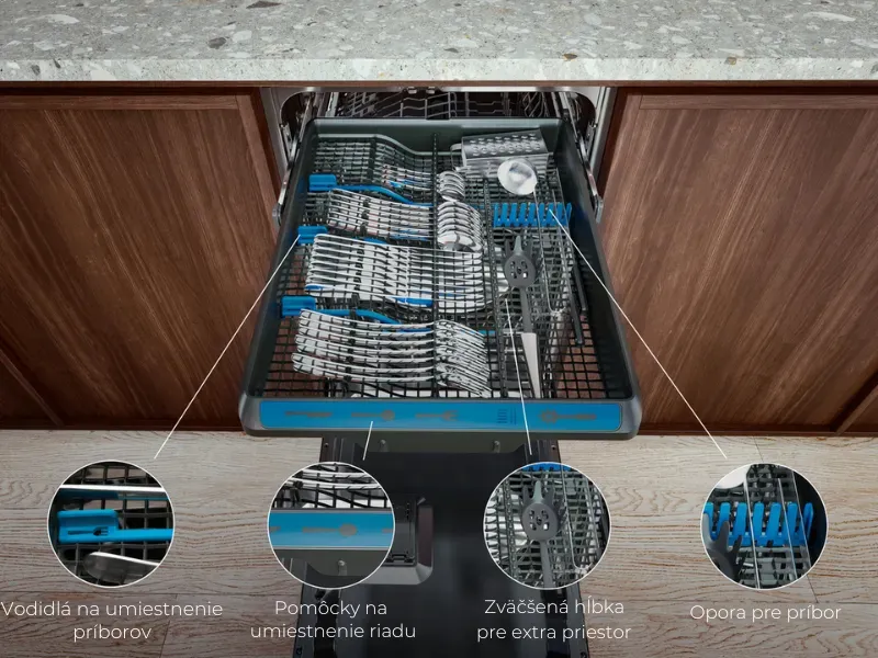 Extra miesto pre pr&iacute;bory a kuchynsk&eacute; n&aacute;činie so z&aacute;suvkou MaxiFlex v um&yacute;vačke riadu Electrolux EEM43300IX