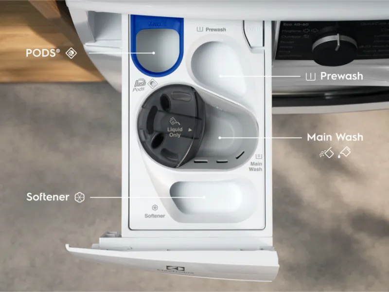 Efektívne využitie prášku aj kapsúl pomocou zásuvky UniversalDose® v práčke Electrolux EW7F4494XQ