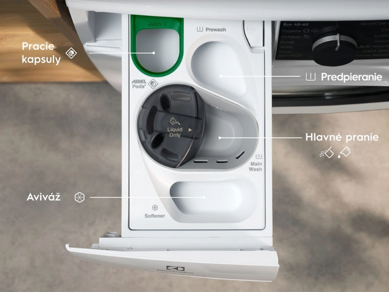 Spredu plnen&aacute; pr&aacute;čka Electrolux EW7F4485CQ disponuje z&aacute;suvkou UniversalDose&reg;, ktor&aacute; rozp&uacute;&scaron;ťa kapsule PODS&reg; až o 60% r&yacute;chlej&scaron;ie.