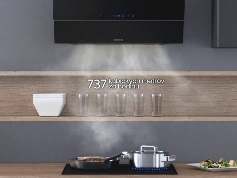 Funkcia Booster na digestore Samsung NK36N9804VB/UR bleskovo a nehlučne odstráni výpary pri varení.
