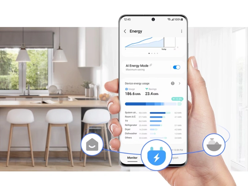 Režim AI Energy sleduje spotrebu chladničky Samsung RB38C775CS9/EF a môže pomôcť ušetriť až 15 % energie.