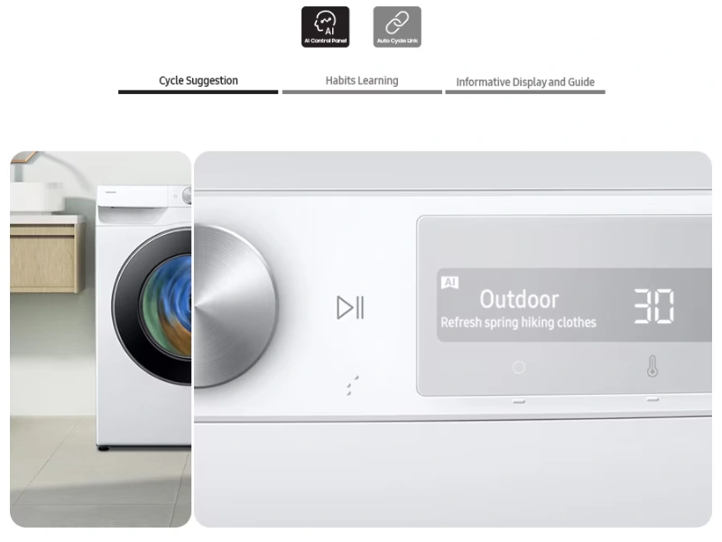 Perte efekt&iacute;vne vďaka pr&aacute;čke Samsung WW90DB8U95GHU4 s funkciou AI Control.