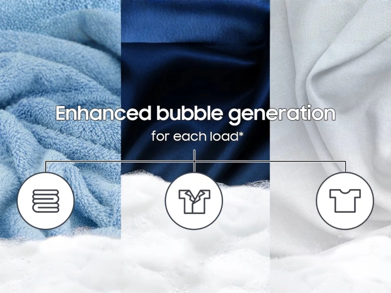 Pr&aacute;čka Samsung WW90DB7U94GEU4 pomocou technol&oacute;gie AI EcoBubble men&iacute; pr&aacute;&scaron;ok na bublinky, ktor&eacute; odstr&aacute;nia nečistoty o 24 % &uacute;činnej&scaron;ie.