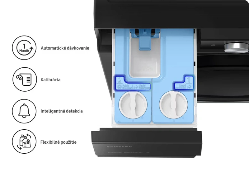 Spredu plnen&aacute; pr&aacute;čka Samsung WW90DB7U94GEU4 pomocou technol&oacute;gie automatick&eacute;ho d&aacute;vkovania Auto Dispense uvoľn&iacute; presn&eacute; množstvo pracieho prostriedku a aviv&aacute;že podľa n&aacute;plne.