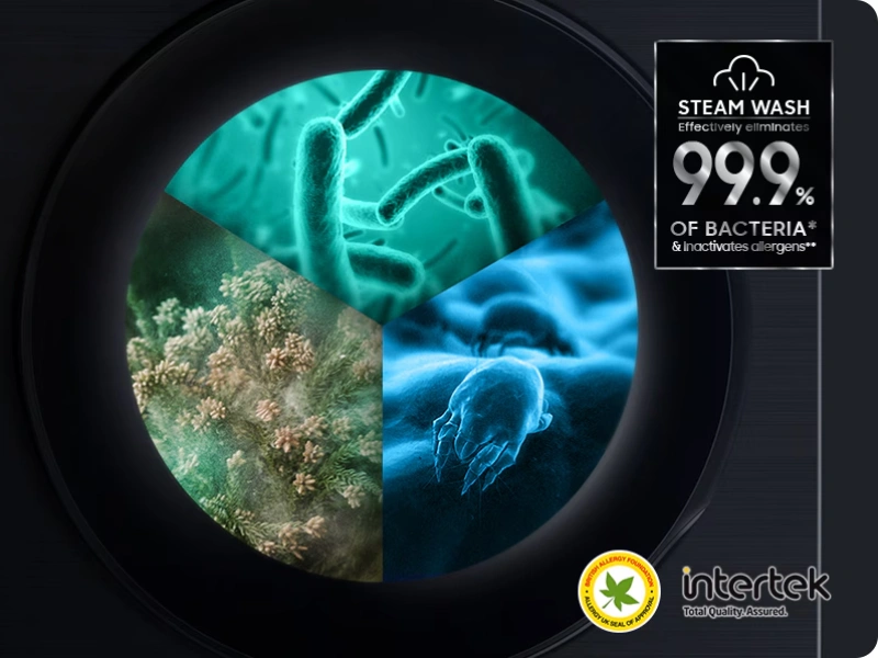 Pr&aacute;čka Samsung WW90DB7U94GEU4 s funkciou Hygiene Steam sa o ňu hĺbkovo postar&aacute; pomocou pary, ktor&aacute; znič&iacute; až 99,9 % bakt&eacute;ri&iacute; a alerg&eacute;nov.