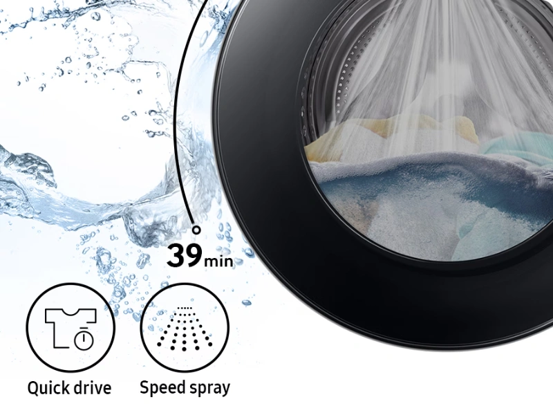 Pr&aacute;čka Samsung WW90DB7U94GEU4 s programom Super Speed vyperie 5 kg n&aacute;plň už za 39 min&uacute;t.
