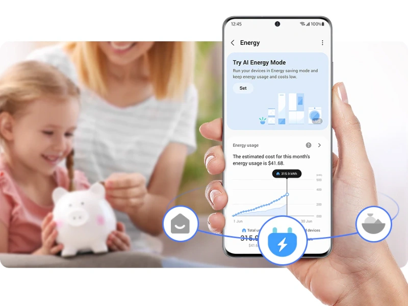 Režim AI Energy sleduje spotrebu chladničky Samsung RB53DG703DB1EO a môže pomôcť ušetriť až 15 % energie.