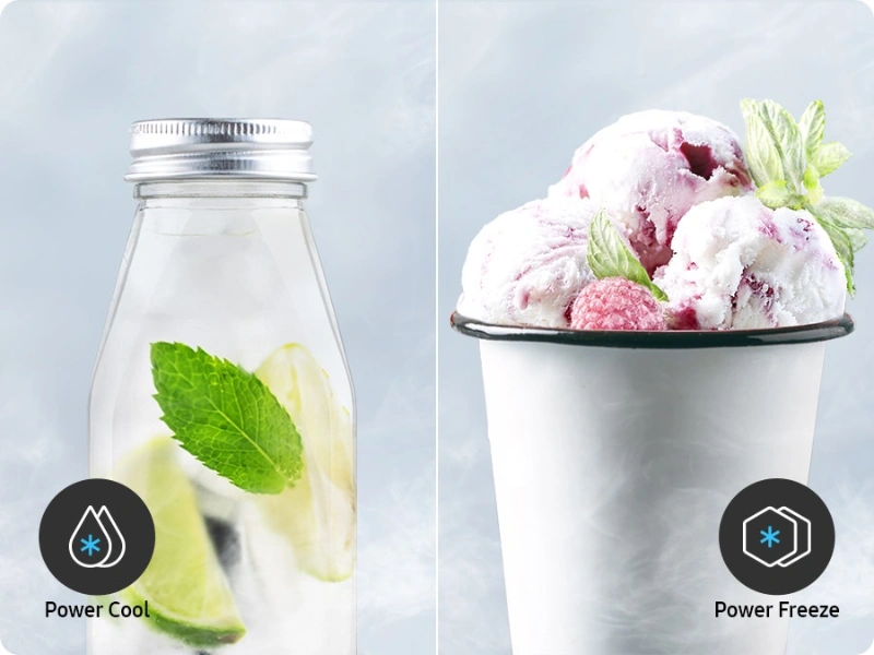 Funkcie Power Cool a Power Freeze v chladničke Samsung RB53DG703DB1EO rýchlo schladia potraviny a zmrazia čerstvý nákup.