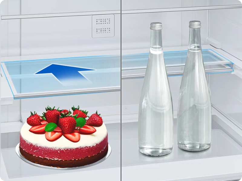 Skladacia dvojstupňová polica v chladničke Samsung RB53DG703DB1EO sa prispôsobí výške zásob.