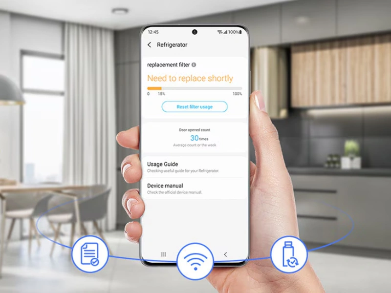 So SmartThings m&aacute;te prehľad o z&aacute;sob&aacute;ch, spotrebe energie aj &uacute;držbe chladničky Samsung RF24BB620EB1EO.