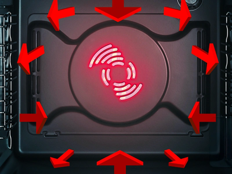 Syst&eacute;m rovnomern&eacute;ho pečenia Multiflow r&uacute;ry Whirlpool OMSK58RU1SX skracuje dobu pečenia.