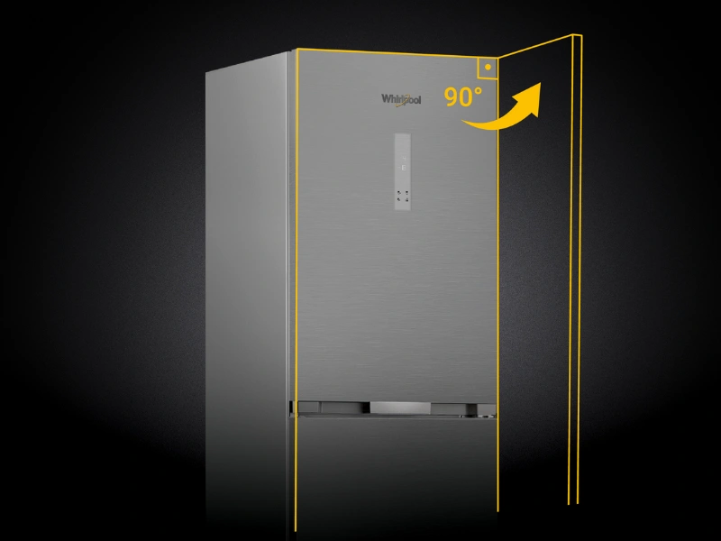 Dvierka Smooth Fit sa plne otvoria už pri 90° bez toho, aby presahovali hranu chladničky Whirlpool WHK 26404 XP7E.