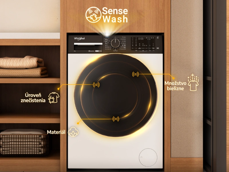 Práčka Whirlpool WPM 87W ADS EE s technológiou 6. ZMYSEL SenseWash dosiahne vždy dokonalé výsledky s maximálnou úsporou.