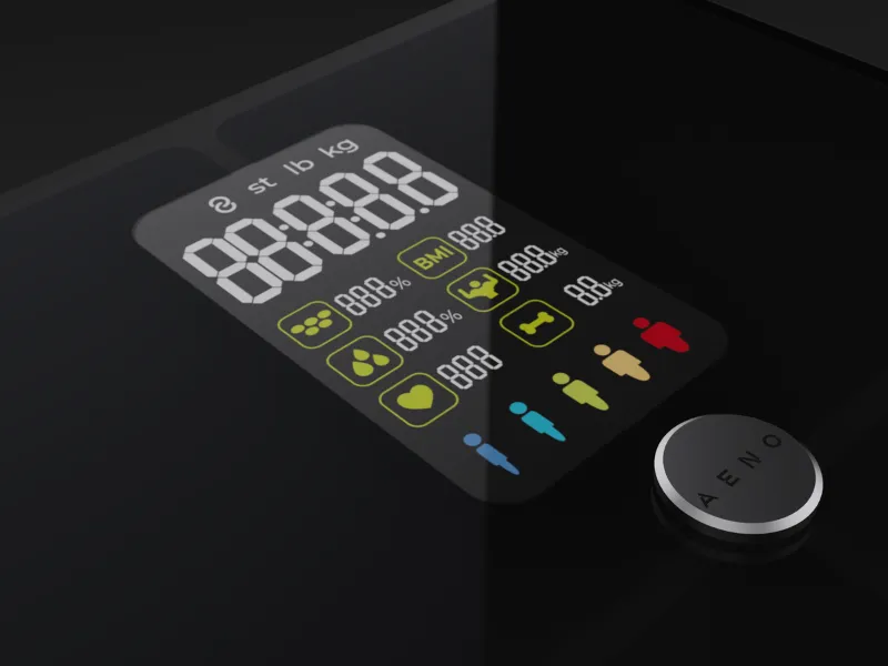 Veľký displej osobnej váhy AENO BS2S vám zobrazí všetky spoľahlivé informácie na jednom mieste.