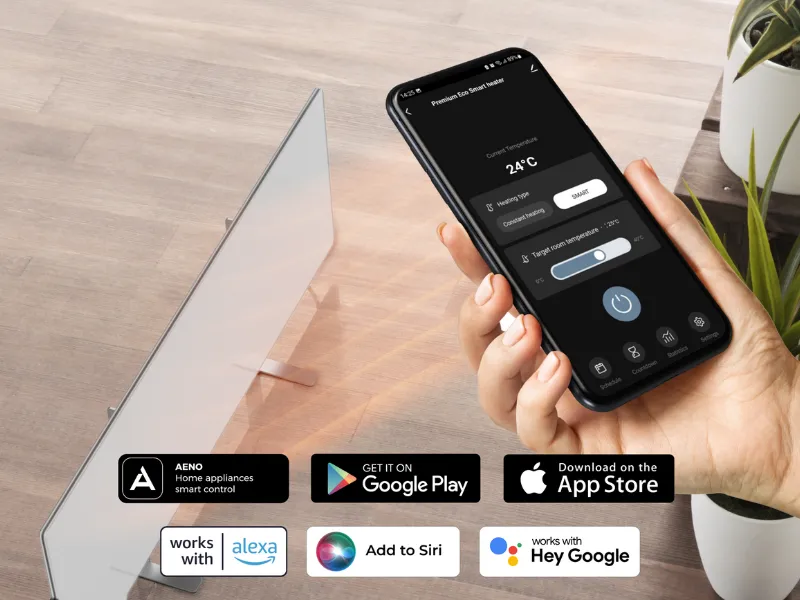 Pomocou mobilnej aplikácie nastavíte teplotu, zapnete časovač alebo zmeníte prevádzkový režim infrapanelu AENO GH3S.
