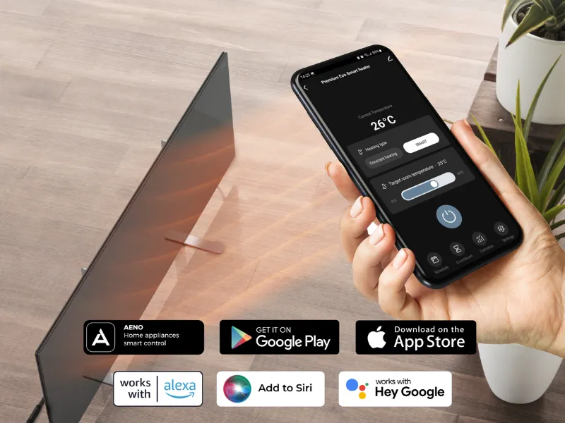 Pomocou mobilnej aplikácie nastavíte teplotu, zapnete časovač alebo zmeníte prevádzkový režim infrapanelu AENO GH4S.