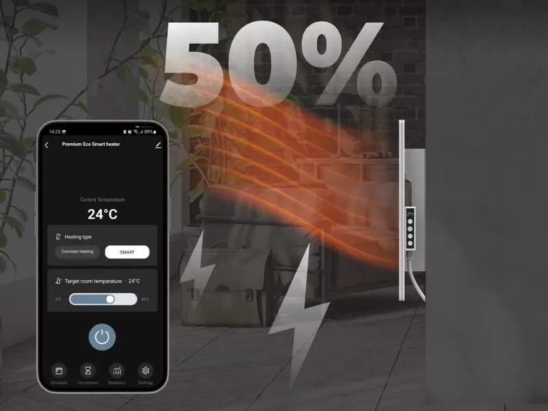 V režime SMART zabudovaný snímač sleduje okolitú teplotu, zatiaľ čo inteligentný termostat reguluje infrapanel AENO GH3S tak, aby udržal nastavenú teplotu bez zbytočného plytvania energiou.