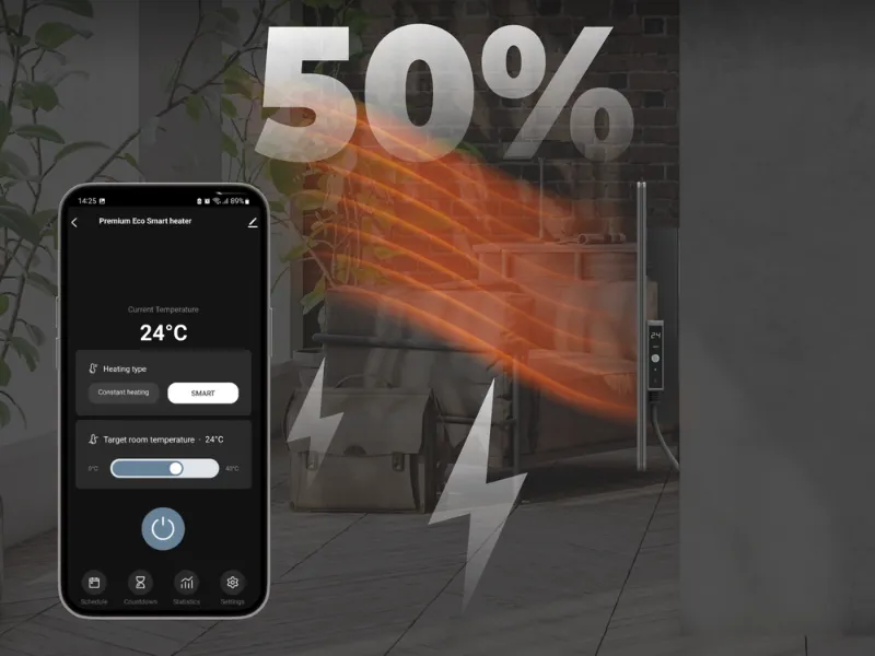V režime SMART zabudovaný snímač sleduje okolitú teplotu, zatiaľ čo inteligentný termostat reguluje infrapanel AENO GH5S tak, aby udržal nastavenú teplotu bez zbytočného plytvania energiou.