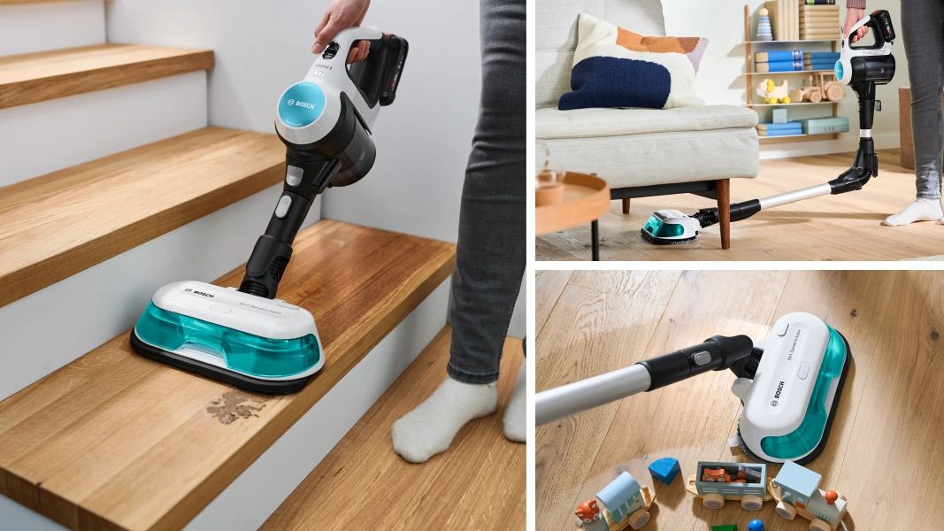 Vys&aacute;vač Bosch Unlimited 7 ProHygienic Aqua um&yacute;va schody a priestor pod kreslom